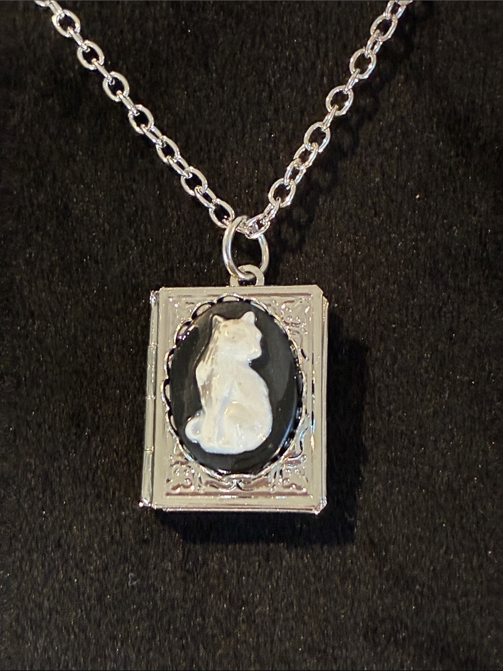Victorian gothic cameo style cat locket pendant necklace silvertone black enamel